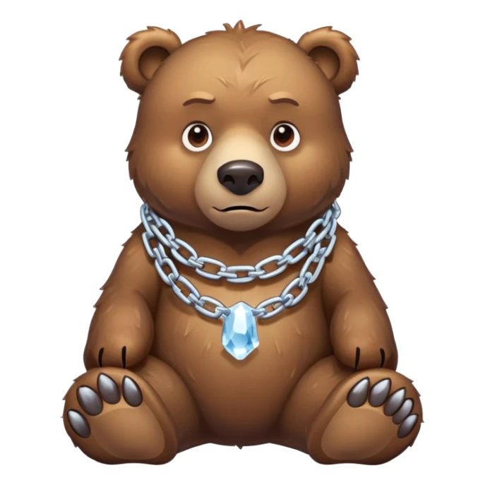 Serious realistic brown bear on all four legs wearing a thick chain made of ice around its neck, frozen chain links, stern expression sticker