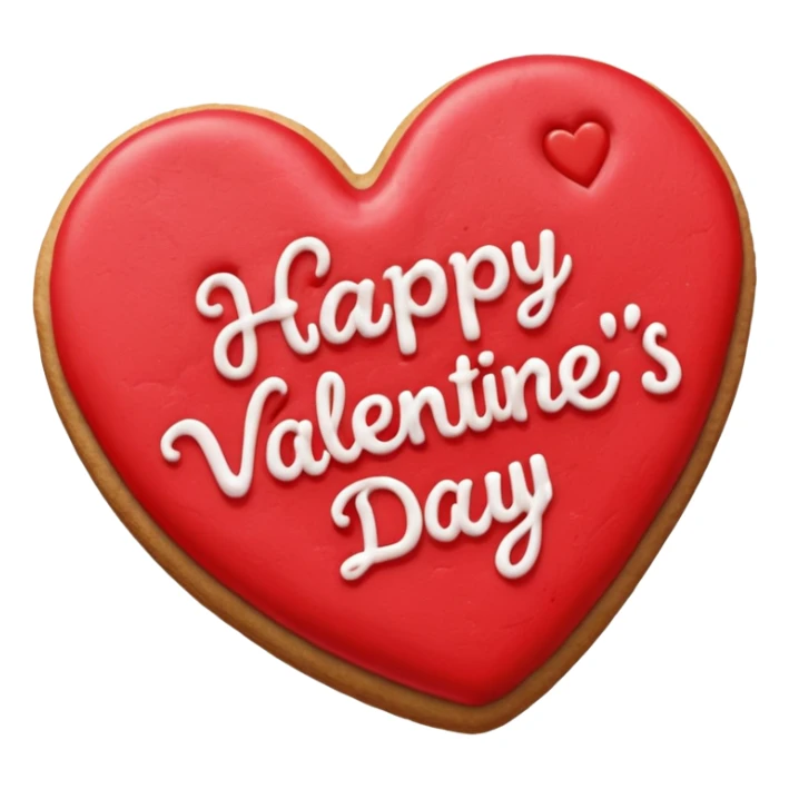 Heart-shaped cookie with red icing emoji, write 'Happy Valentine's day' on top of the red icing in white icing sticker