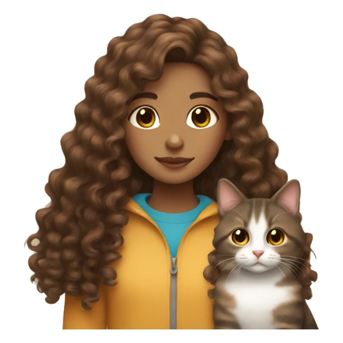 Curly long brown hair girl with a tricolor cat  sticker