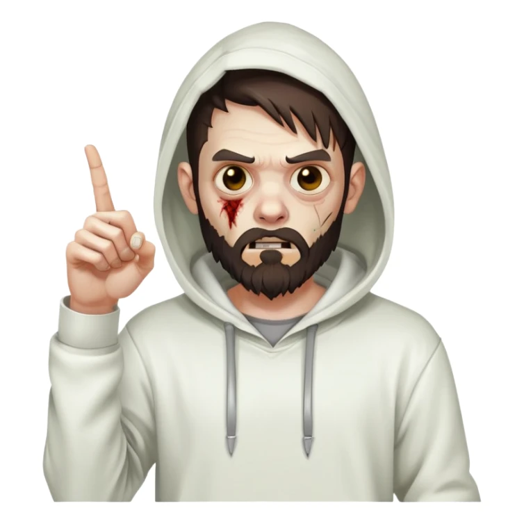 zombie pointing finger, undercut hairstyle with dark brown hair, short full beard, wearing plain white hoodie sticker