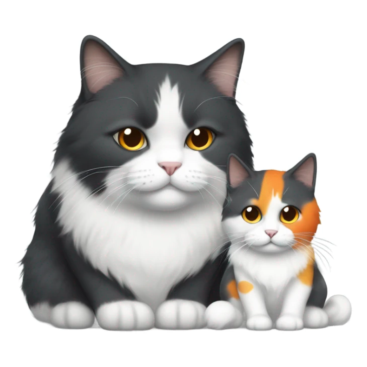 A black, great and white long hair chubby cat next to a slimmer mostly white with some orange spots cat  sticker