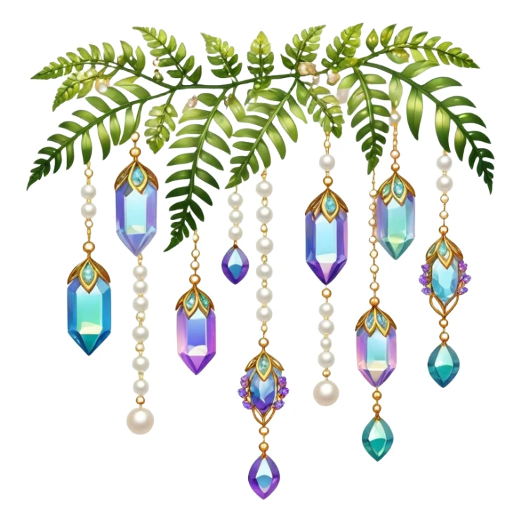Exotic romantic Few cute tiny Iridescent glistening glossy sparkly shiny glittery hanging crystals pearls and beads and gemstones scenery scenic decorations with vines and ferns and flowers sticker