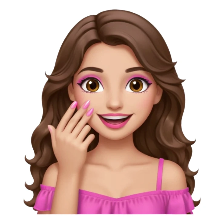 girl with long wavy brown hair, brown eyes, long lashes makeup, pink lips, light to medium complexion, pink sexy top, smiling, hand covering the mouth, giggling sticker