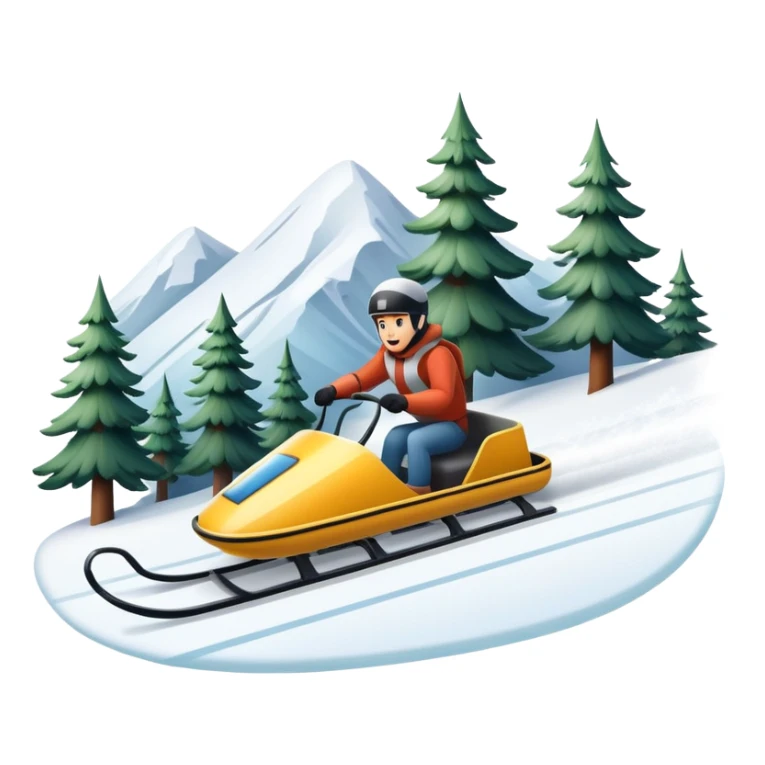 An icon featuring a sleek sled speeding down a snowy hill, with a snowy landscape and pine trees in the background. The motion lines and slight snow spray emphasize the thrill of the ride. Transparent background highlights the excitement and fun of sledding. sticker