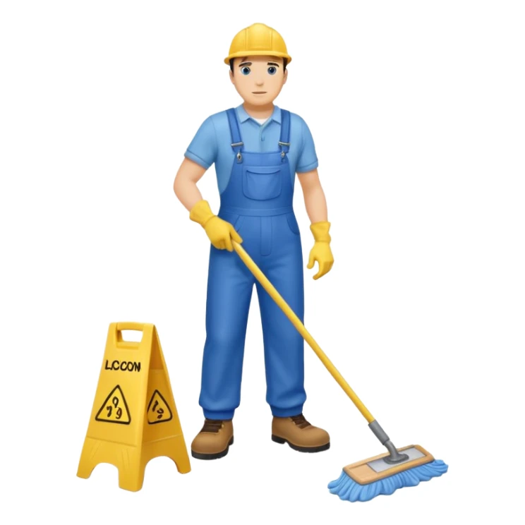 Custodian with yellow rubber gloves, blue overalls, mopping floor sticker
