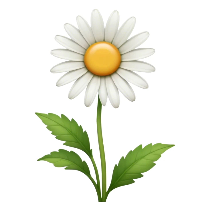 Cinematic Realistic Daisy Emoji, Cheerful and pure, with bright white petals surrounding a sunny yellow center, standing proudly atop a slender green stem. The soft, vibrant petals seem to radiate positivity, while a few green leaves frame the delicate flower. Soft glowing outline, capturing the essence of simplicity, innocence, and happiness in a single daisy. sticker