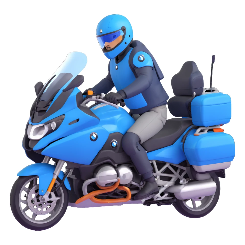 blue BMW R 1200 RT touring motorcycle with rider and saddlebags sticker
