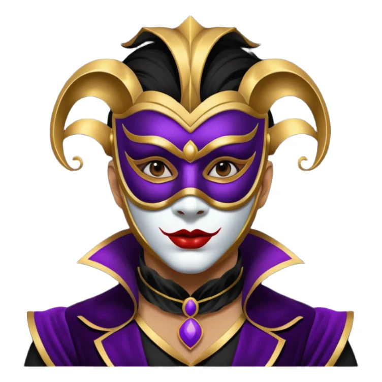 masked circus acrobat portrait, head and shoulders only, elegant carnival mask, dark outfit collar, dramatic expression, 3D cartoon, mobile game icon style, clean background, no text, no watermark
 
 sticker