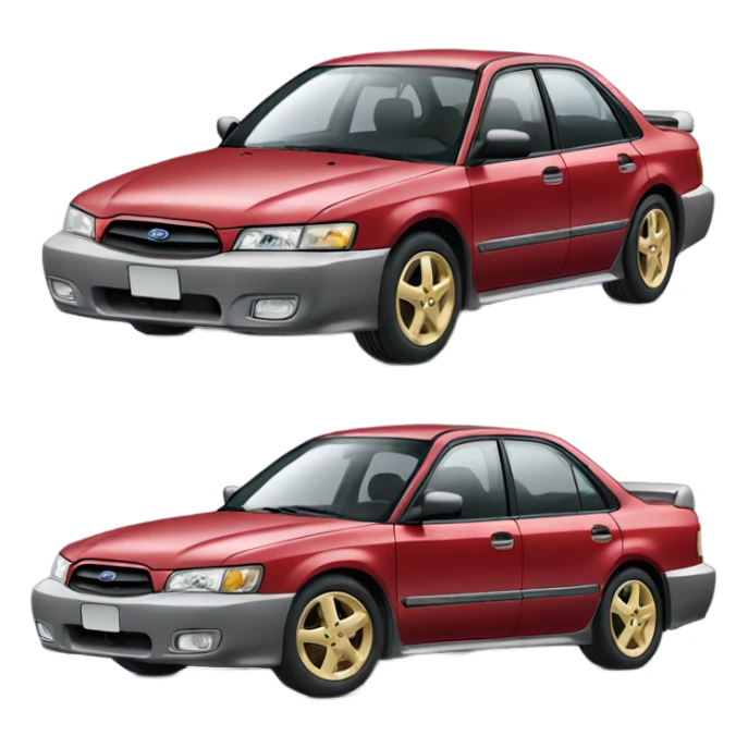 Red 1996 Subaru legacy sedan with gold wheels sticker