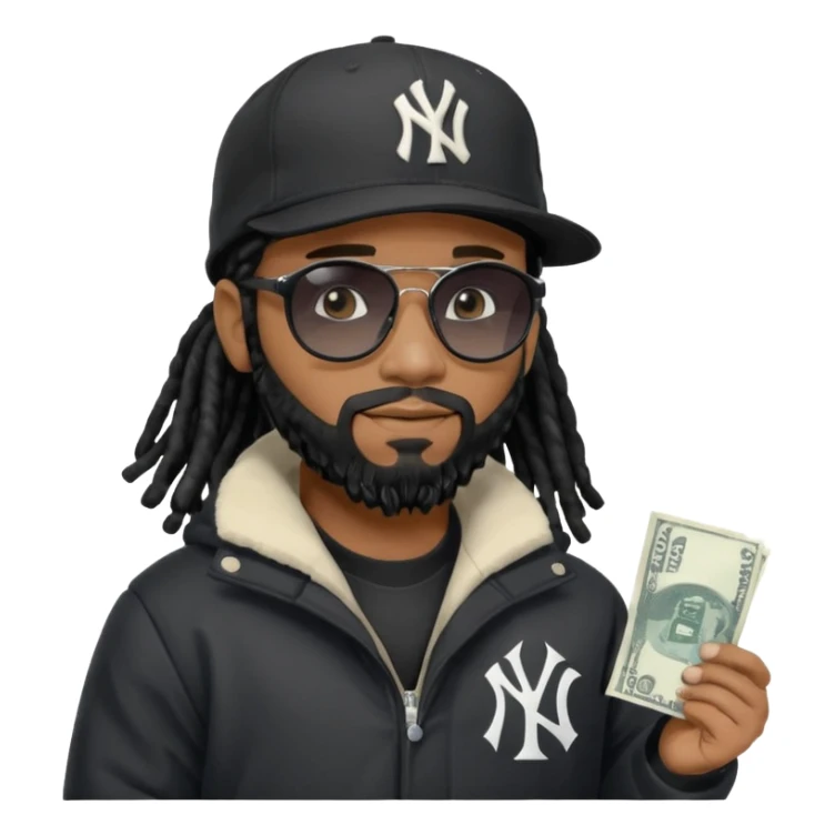 African American man with shoulder length black dreadlocks with black beard wearing black sunglasses wearing a black New York Yankees logo baseball Cap wearing a black bubble winter coat give away money sticker