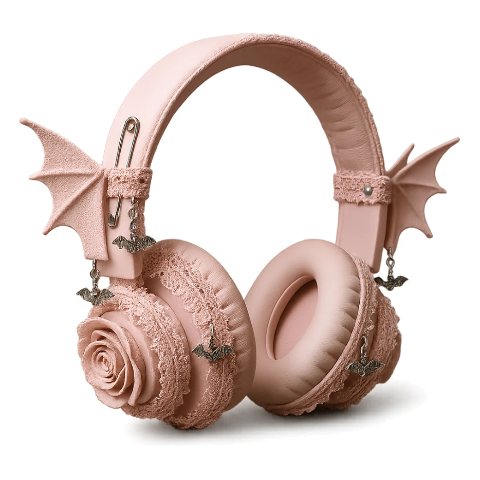 Add ornate lace, small bat wing charms, and a silver safety pin to the realistic pink gothic headphones with bat wing details, lace trim, and dark roses. Keep the background transparent. Maintain the realistic pink gothic style with lace and bat wing motifs. sticker