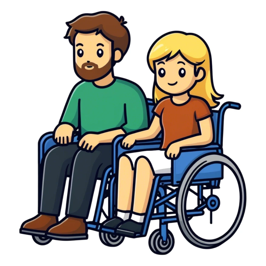 Brown haired man in a wheel chair with a beard with blonde haired mom sticker