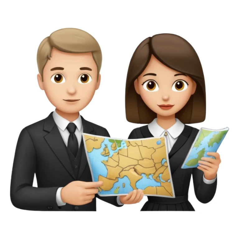 Russian man and elegant Spanish girl in elegant outfits with a map planning  sticker