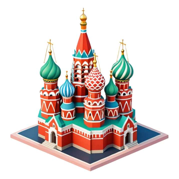 Isometric illustration of Moscow, featuring Saint Basil's Cathedral with its colorful onion domes, Red Square elements, in miniature diorama style, soft shadows and pastel colors. sticker