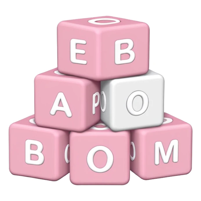 three Light pink and white toy alphabet blocks stacked with different letters sticker
