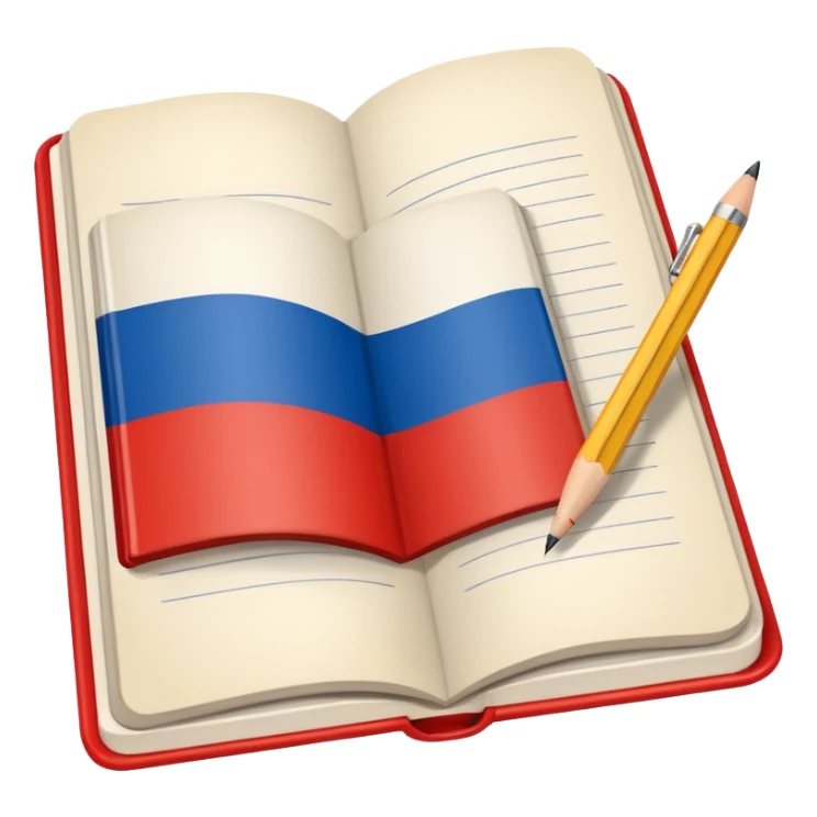 book with Russian flag colors, open notebook and pencil nearby sticker