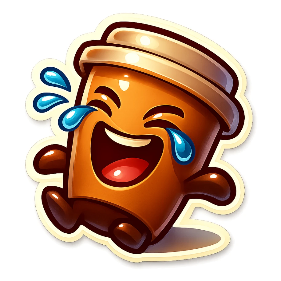 Tall coffee cup, laughing hard, tears in eyes, fallen over, dramatic laugh sticker