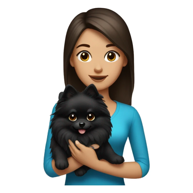 A brunette with light highlights and blue eyes holds a black pomeranian in her hands sticker
