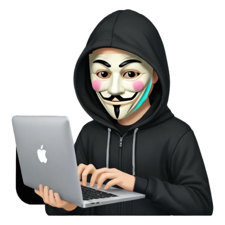 guy fawkes mask black hoodie typing on macbook sticker