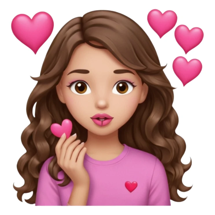 girl with long wavy brown hair, brown eyes, light to medium complexion, in a pink shirt, pink lips, long lashes, puckering up for a kiss, many  hearts in hand sticker