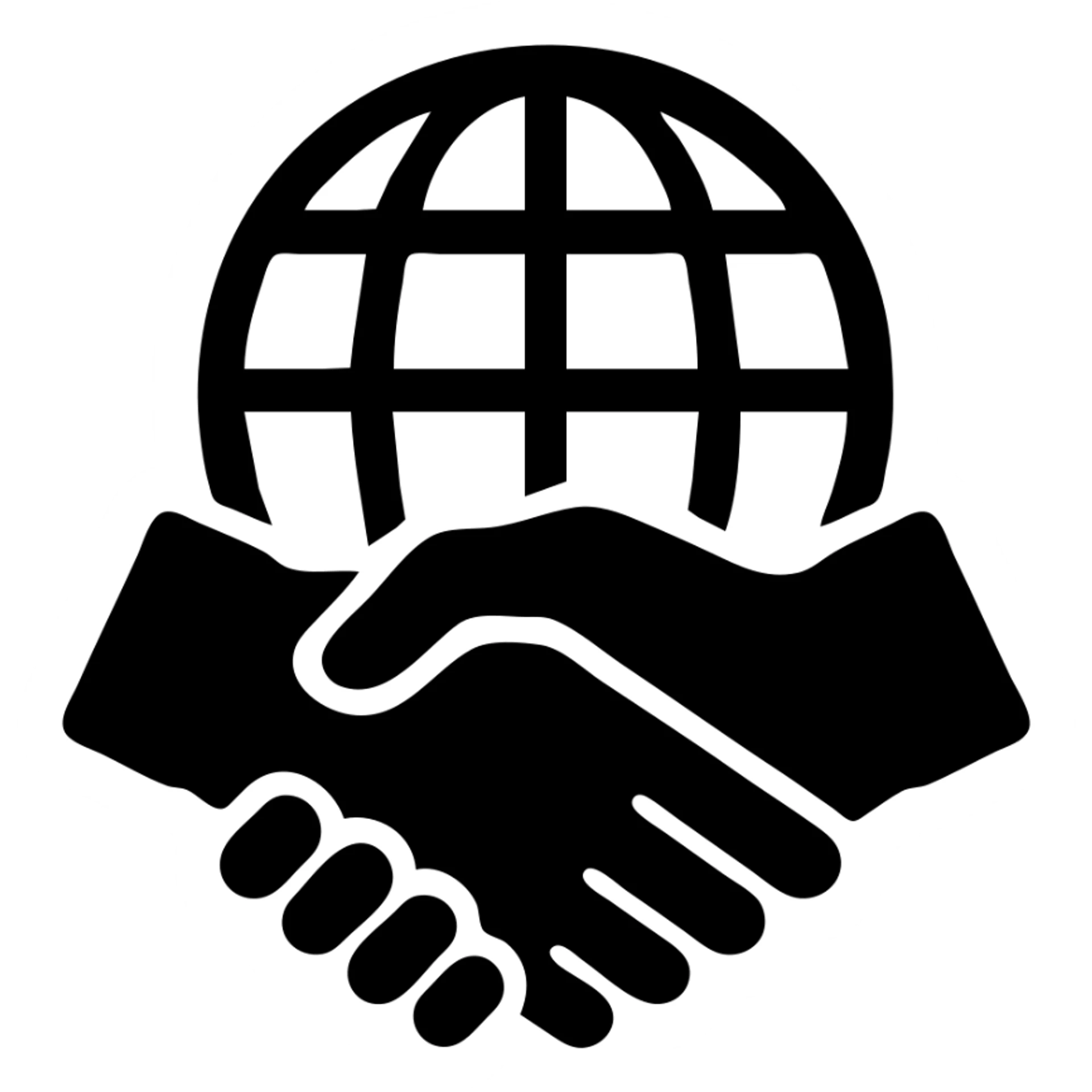 International partners icon, handshake in front of a globe, black filled style, variation 3 sticker