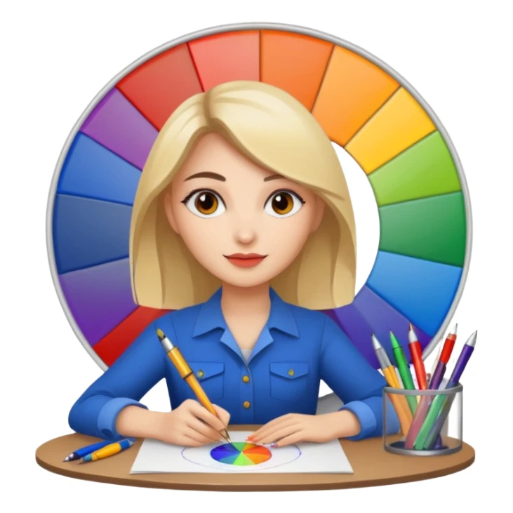 female graphic designer , color wheel, pens, papers sticker