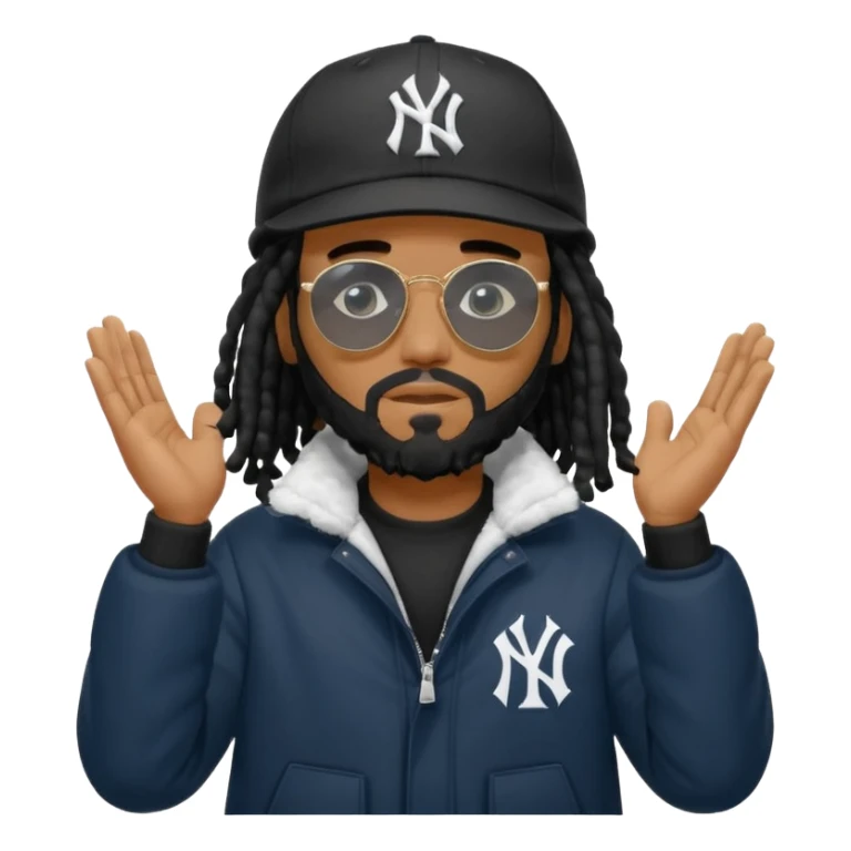 African American man with shoulder length black dreadlocks with black beard wearing black sunglasses with black bubble winter coat wearing a New York Yankees baseball hat with his hands on top of head in thinking position sticker