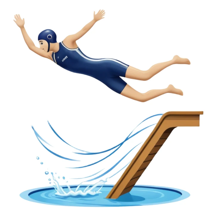 An icon showing a diver captured mid-air in a graceful pose above a pool, with a diving board behind and water below. Splash trails and motion lines emphasize precision and elegance. Transparent background highlights the beauty and focus of competitive diving. sticker