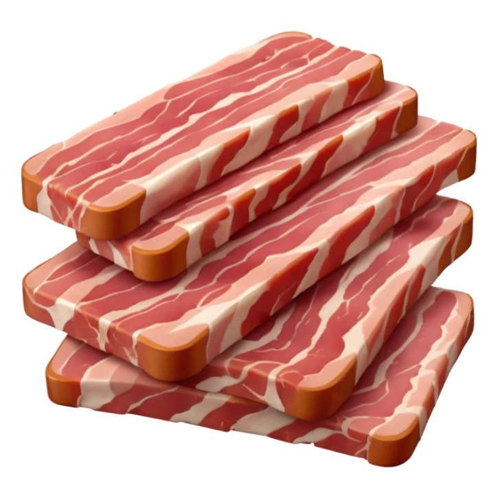 raw bacon lardons, pile, thick short strips, rectangular, pinkish-red meat, white fat, clean moist, marbled, irregular cuts, no pan, no herbs, no background, no faces, clean 3D, soft shadows, transparent background, emoji scale sticker