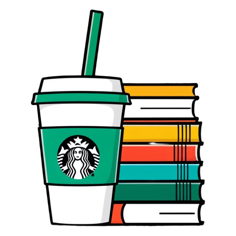 Starbucks, pile of books sticker