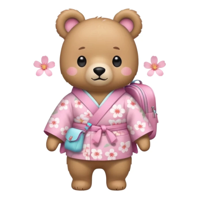 A cute light-brown bear wearing a pastel pink sakura-patterned kimono, normal balanced body ratio.  
Wearing a small backpack on the back, one paw holding the strap, ready to go outside.  
Kawaii emoji style, minimalistic clean sticker illustration, white background. sticker