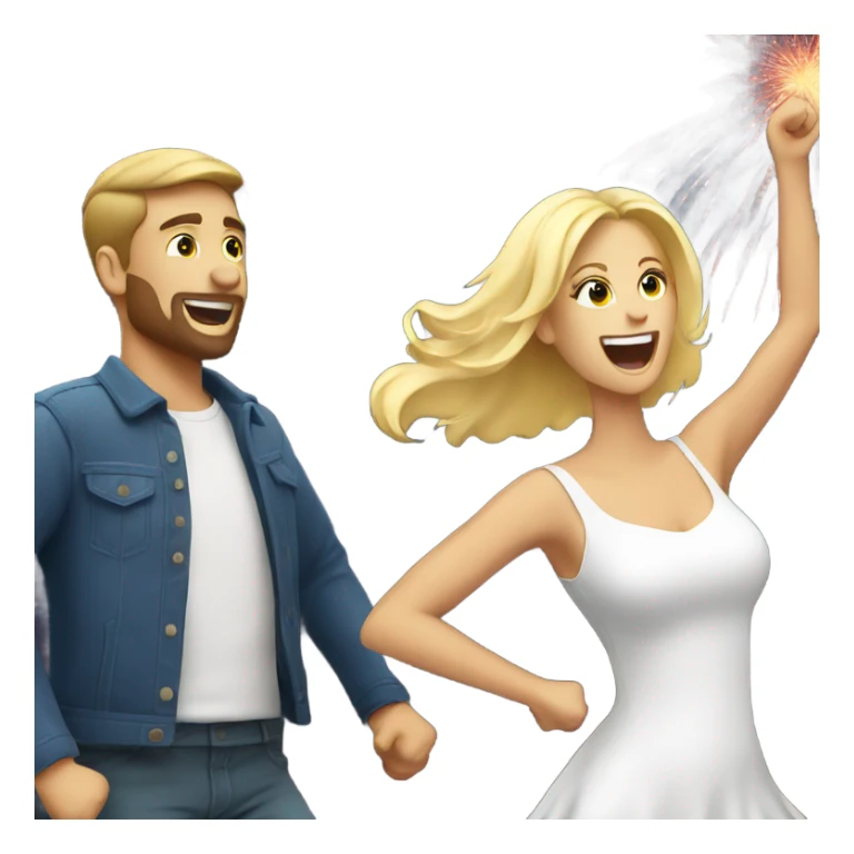A White man and a blonde woman dansing with a fireworks by night sticker