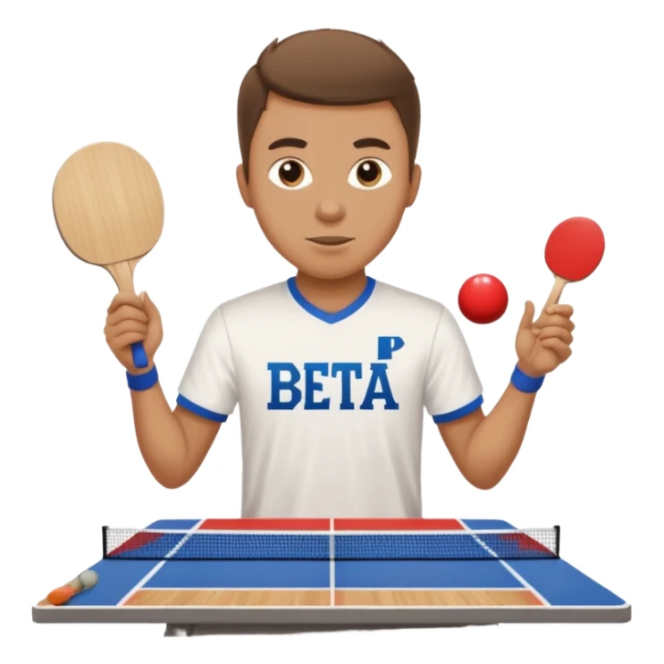 Guy playing ping pong on a 4x8 wooden table no net and only one paddle wearing a frat shirt with the letters beta theta pi on the front  sticker