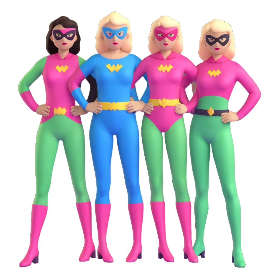 three female superheroes posing together - one wearing light blue outfit, one wearing pink outfit, and one wearing light green outfit sticker