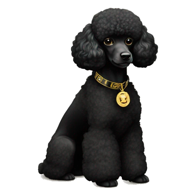 A black miniature poodle with a shaved face and a black collar with gold Versace emblems on it sticker