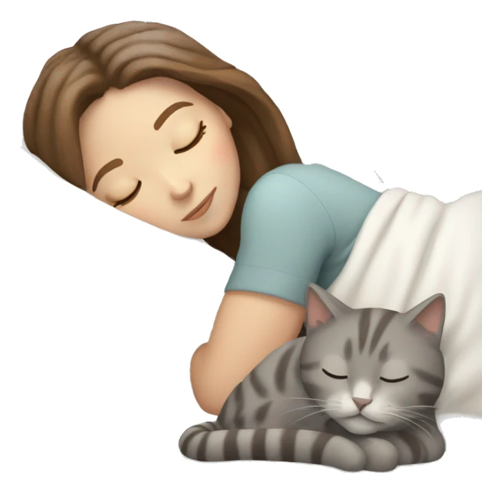 White girl brown hair sleeping with light grey kitty sticker
