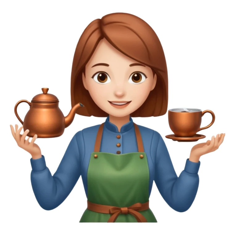 A cheerful woman wearing a winter apron, pouring cocoa from a kettle into tiny cups.
 sticker