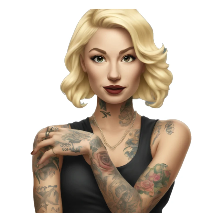 Blonde elegant women, her Body Covered with Tattoos, POINTING YOU with her ONE HAND , Hyper realistic sticker