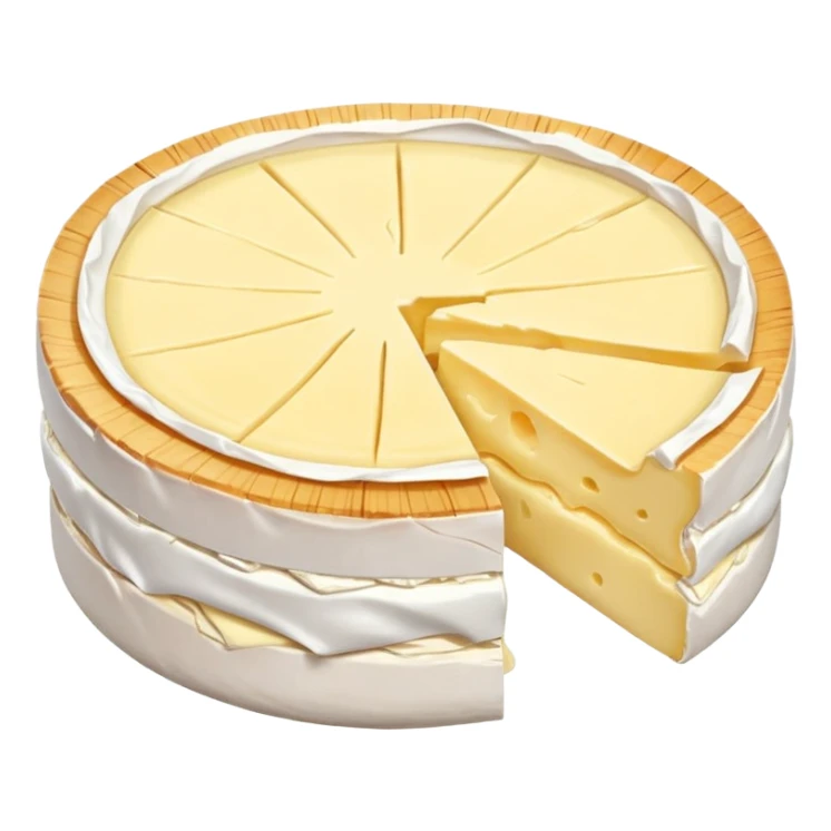 round camembert cheese wheel, white bloomy rind, creamy pale yellow inside, one slice cut out showing soft slightly oozing center, smooth rich texture, subtly wrinkled rind, no box or extras, soft lighting, emoji scale sticker