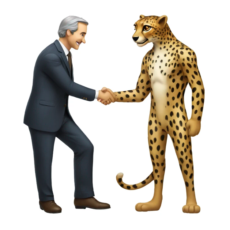 A cheetah in a classic suit shakes hands with a man  sticker