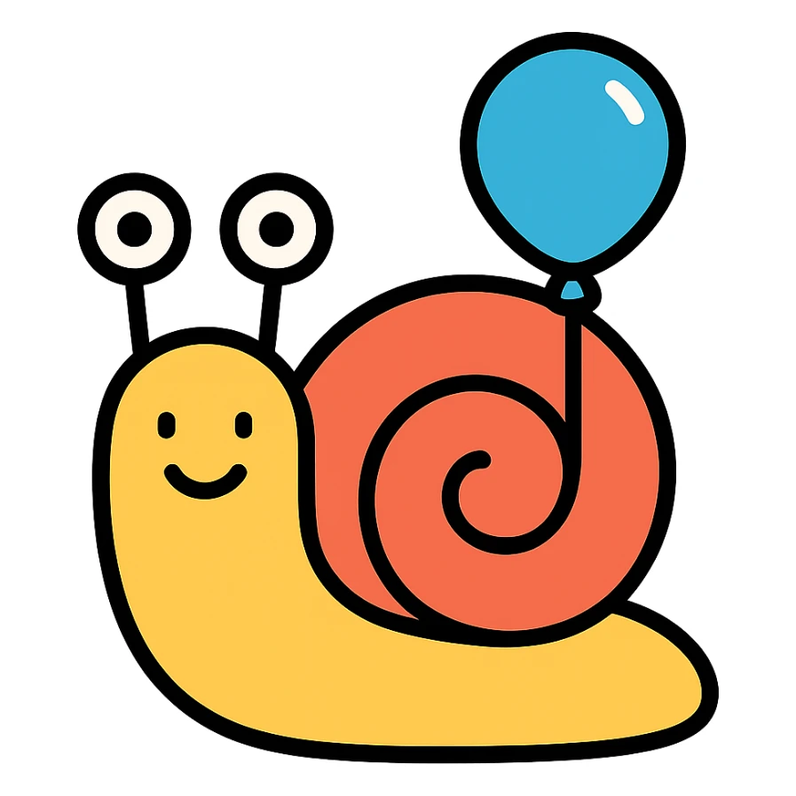 happy snail with cheerful eyes and a balloon on its shell, colorful outline icon style sticker