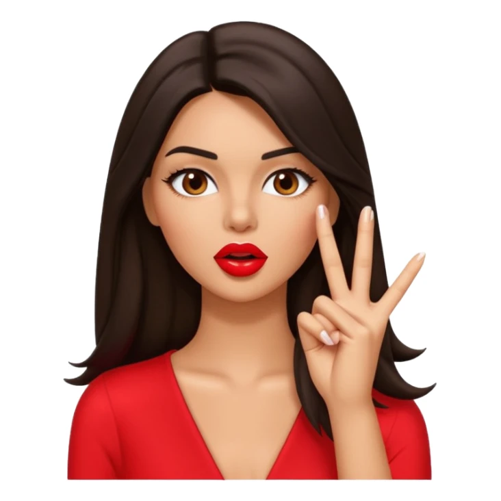 Create a glossy 3D emoji-style illustration of a glamorous brunette model inspired by Kendall Jenner, with long dark hair and defined features, making a “shh” gesture with one finger to the center of her lips. other hand is not in the picturePlayful, sticker