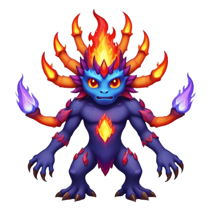 a mystical fast lava creature without arms with molten lava on its head and some rocky shoulders, fire crystals, blue flames, fire legs, no background, purple flames, mystical eyes, 8 arms, calm eyes, psychic powers sticker