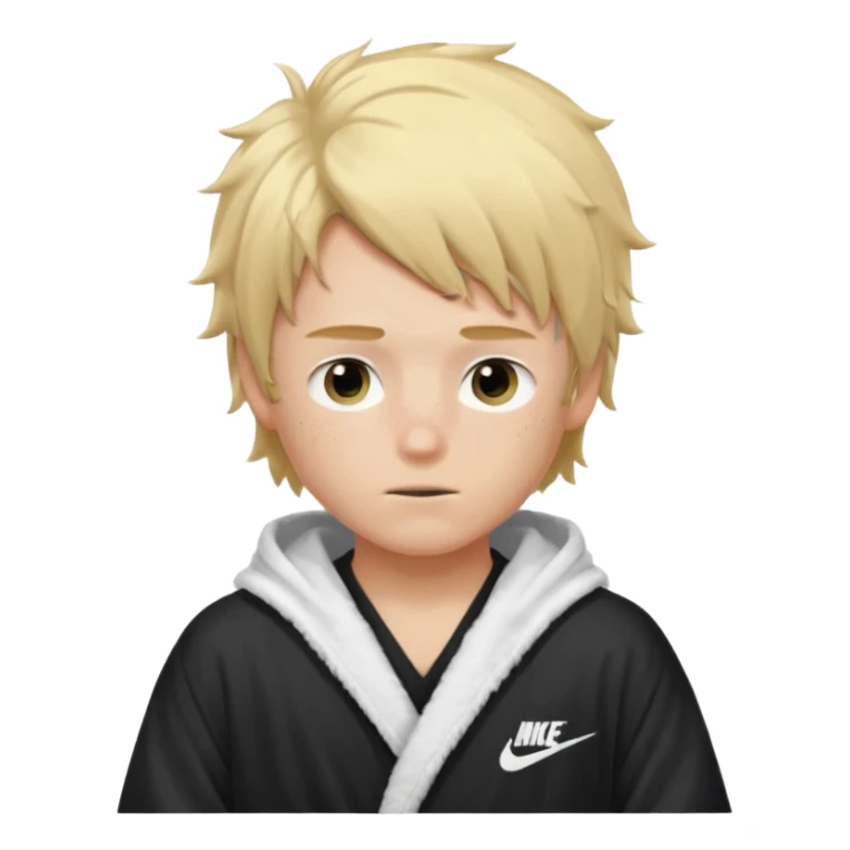 Create a blond boy with long, messy hair, light eyes, a white t-shirt, rich, with long hair, blue eyes, medium-length, voluminous hair, wearing a black Nike bathrobe and a little blush near his nose. and with a balaclava like a ninja and with freckles sticker