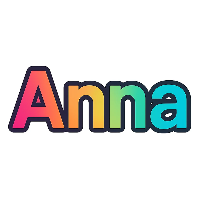 Anna name in colorful gradient modern font with dark outline, transparent background, in the style of sample images sticker