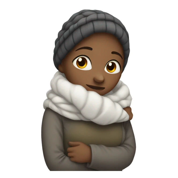 women who is very cold hugging herself to warm, with white face sticker