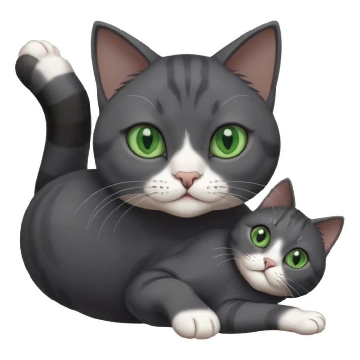 beautiful female solid dark grey cat with green eyes, white toes/paws and white patch on her chest rolling upside down sticker