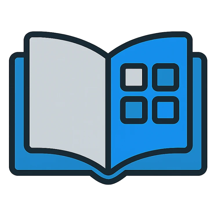 catalog icon, open book or grid of squares, modern tech style, blue and gray tones sticker