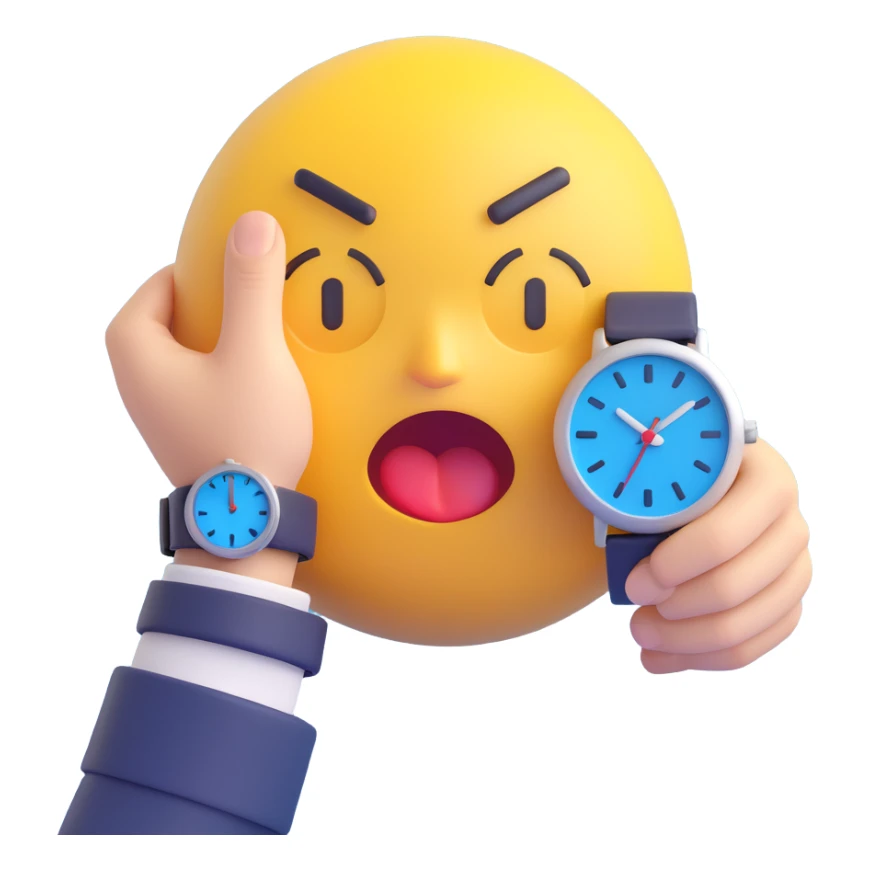 A yellow emoji face with a worried expression, looking at a wristwatch with raised eyebrows, showing urgency and stress sticker