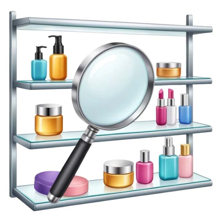 front view magnifying glass over beauty product shelf searching for last item sticker
